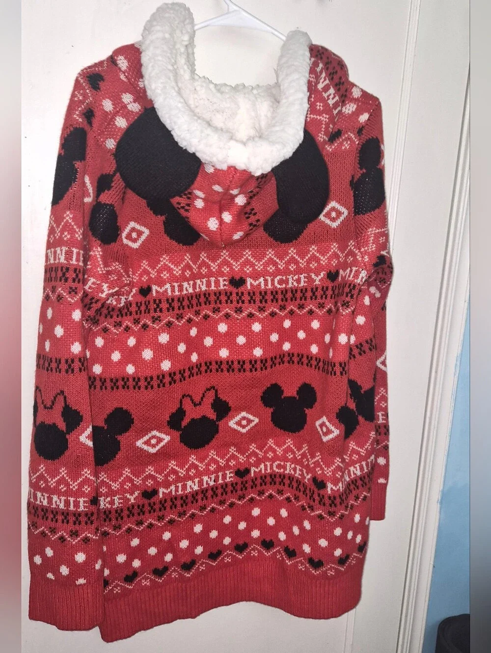 Minnie/Mickey Pattern Fleece-Lined Hooded Sweater Cardigan - Red